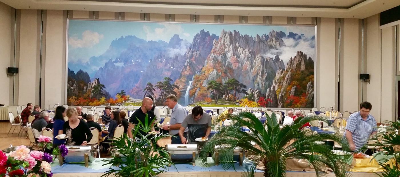 The yanggakdo hotel dining room. These incredible paintings of mountains are about as common as paintings of Kim Il-sung but way more impressive. I can only assume that it is Paekdusan/Mt. Paekdu, a site considered holy (in a purely secular sense) by Koreans.